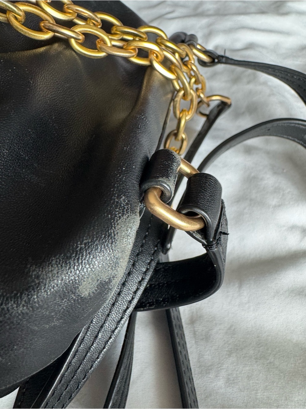 Tory Burch Black Leather Mini Drawstring Bucket Bag with Gold Chain - Picture 3 of 13